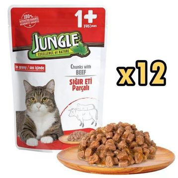 Jungle Pouch Dana Eti Parçalı Soslu 12x100 GR Yetişkin Kedi Konservesi