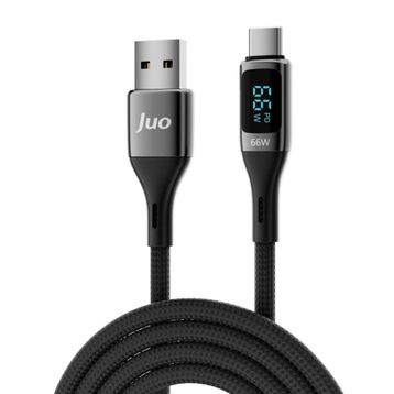 Juo 66W USB-A to USB Type-C 2 mt Dijital Led Ekranlı Örgülü Hızlı Şarj ve Data Kablosu