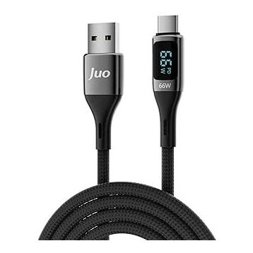 Juo 66W USB-A to USB Type-C 2 mt Dijital Led Ekranlı Örgülü Hızlı Şarj ve Data Kablosu