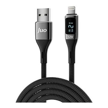 Juo iPhone iPad 12W 2 mt Dijital Led Ekranlı USB-A to Lightning Örgülü Hızlı Şarj ve Data Kablosu