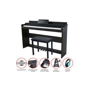 Jwin Siyah Sapphire SDP-140BK 88 Tuşlu Kapaklı Çekiç Aksiyonlu Dijital Piyano