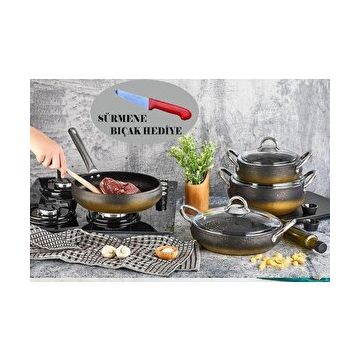 Kahramanlar Granit 7 Parça Yanmaz Yapışmaz Tencere Seti + Sürmene Bıçak