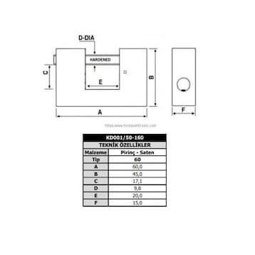 Kale Kilit KD001/50-160 60 mm Prinç Kayar Milli Pimli Saten Asma Kilit
