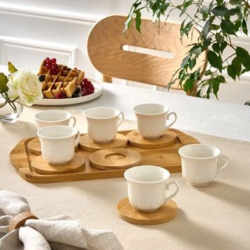 Karaca Bambu 90 ml Tepsili 6 Kişilik Beyaz Kahve Fincanı