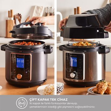 Karaca Cooker 2in1 Matt Black 6 lt Çok Amaçlı Basınçlı Pişirici Elektrikli Düdüklü Tencere ve Airfryer