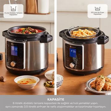 Karaca Cooker 2in1 Matt Black 6 lt Çok Amaçlı Basınçlı Pişirici Elektrikli Düdüklü Tencere ve Airfryer