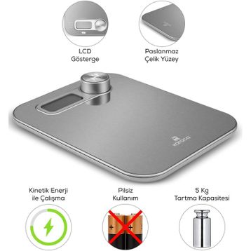 Karaca Gastro Scale 1004 Self Power Kinetik Enerjili Ekranlı Inox 5 kg Mutfak Tartısı