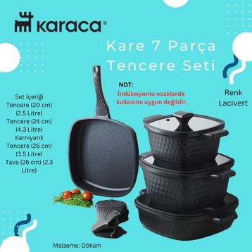 Karaca Maksimum Yanmaz Yapışmazlık Sağlayan İç Kaplama Döküm Kare Siyah 7 Parça Tencere Seti