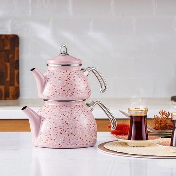 Karaca Terazzo Emaye Krem Midi Çaydanlık Takımı