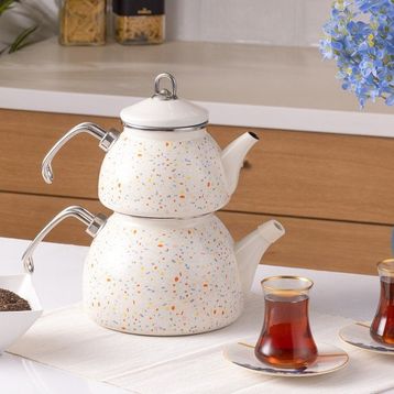 Karaca Terazzo Emaye Krem Midi Çaydanlık Takımı