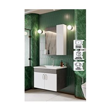 Karen Retro Gümüş Beyaz 65 cm Lavabolu Banyo Dolabı Seti