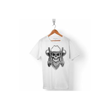 Kendim Seçtim T01B3385 Beyaz Cowboy Skull Hold Guns Outlaw Kovboy Kuru Kafa Erkek T-shirt
