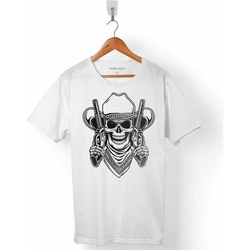 Kendim Seçtim T01B3385 Beyaz Cowboy Skull Hold Guns Outlaw Kovboy Kuru Kafa Erkek T-shirt