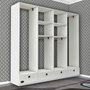 Kenzlife Kamil Beyaz 4 Bölmeli 4 Çekmeceli 182*200*42 cm Kapaksız Giysi Dolabı