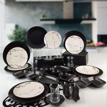 Keramika 36 Parça 6 Kişilik Mermer Desenli Kahvaltı Takımı