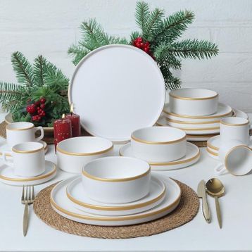 Keramika Mat Beyaz Gold Fileli 20 Parça 4 Kişilik Stackable Yemek Kahvaltı Takımı