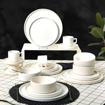 Keramika Mat Beyaz Stackable Yemek / Kahvaltı Takımı