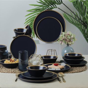 Keramika Mat Lacivert Gold Fileli 24 Parça 6 Kişilik Yemek Takımı