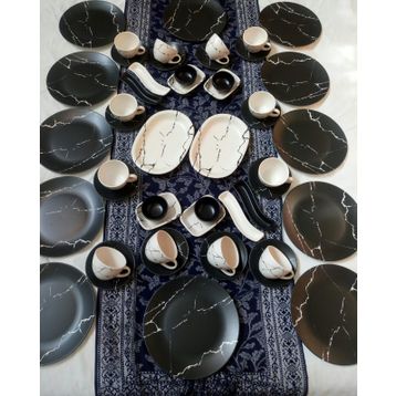 Keramika Mat Siyah Beyaz Mermer Desen 50 Parça 12 Kişilik Kahvaltı Takımı