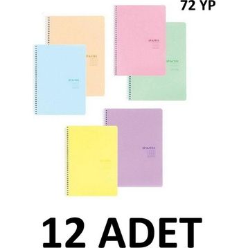 Keskin Color 12 Adet 6 Kareli 6 Çizgili A4 Pastel Show Spiralli 72 Yaprak Renkli Defter