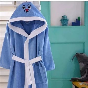 Kids Babies 6-7 Yaş Mavi Çocuk Pamuk Kapüşonlu Bornozu