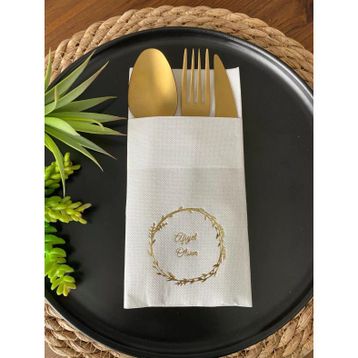 Kidspartim 12'li 40x40 cm Gold Yaldızlı Beyaz Çelenkli Afiyet Olsun Cepli Peçete