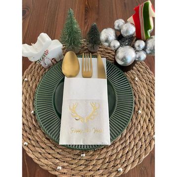Kidspartim 12'li 40x40 cm Gold Yaldızlı Beyaz Cepli Aır Touch Happy New Year Geyik Boynuzu Peçete