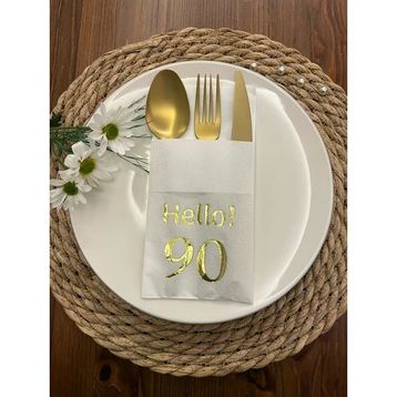 Kidspartim 12'li 40x40 cm Gold Yaldızlı Beyaz Cepli Hello Doksan Yaş Peçete