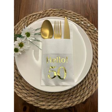Kidspartim 12'li 40x40 cm Gold Yaldızlı Beyaz Cepli Hello Elli Yaş Peçete