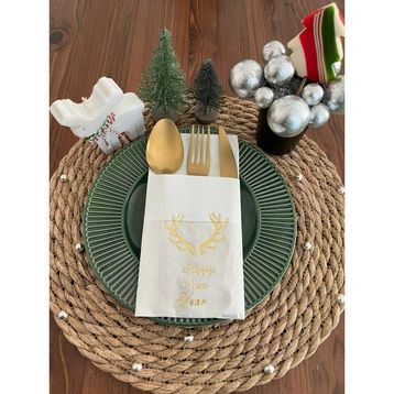 Kidspartim 12'li 40x40 cm Gold Yaldızlı Beyaz Cepli Küçük Geyik Boynuzu Peçete