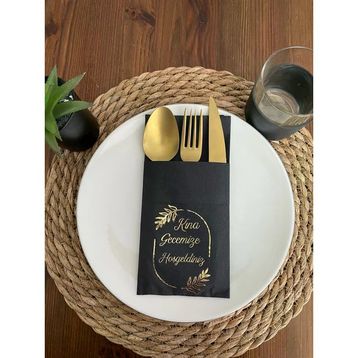 Kidspartim 12'li 40x40 cm Gold Yaldızlı Siyah Kına Gecemize Hoşgeldiniz Cepli Peçete