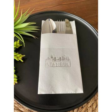 Kidspartim 12'li Gümüş Yaldızlı Beyaz İstanbul Cepli Peçete