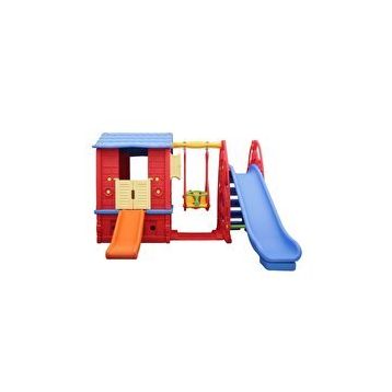 King Kids Büyük Salıncaklı Kaydıraklı Plastik Ev Seti Potalı Kırmızı Mavi Sarı Kaydırak