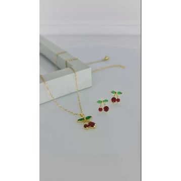 Kiraz Gold Kolye Küpe Çelik Takı Seti