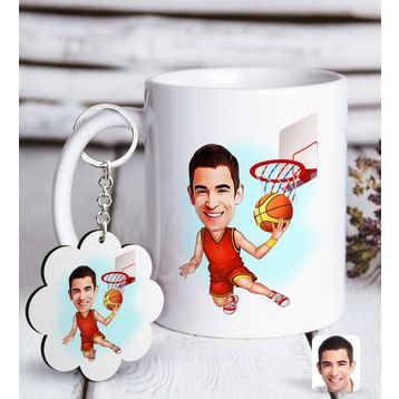 Kişiye Özel Anahtarlık ve Erkek Basketbolcu Karikatürlü Beyaz Kupa