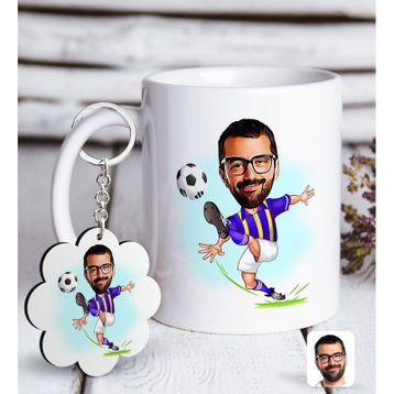 Kişiye Özel Anahtarlık ve Sarı Lacivert Futbolcu Karikatürlü Beyaz Kupa