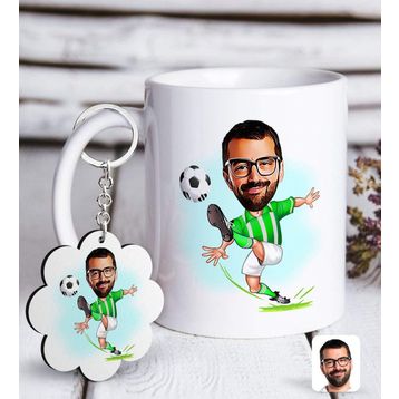 Kişiye Özel Anahtarlık ve Yeşil Beyaz Futbolcu Karikatürlü Beyaz Kupa