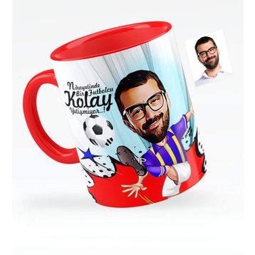 Kişiye Özel Bay Futbolcu Sarı Lacivert Karikatürlü Kırmızı 1 Kupa Bardak