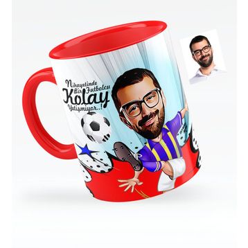 Kişiye Özel Bay Futbolcu Sarı Lacivert Karikatürlü Kırmızı 1 Kupa Bardak