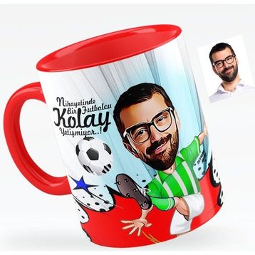 Kişiye Özel Bay Futbolcu Yeşil Beyaz Karikatürlü Kırmızı 1 Kupa Bardak