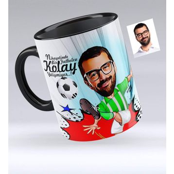 Kişiye Özel Bay Futbolcu Yeşil Beyaz Karikatürlü Siyah 1 Kupa Bardak