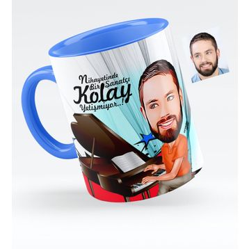 Kişiye Özel Bay Piyanist Karikatürlü Mavi 1 Kupa Bardak