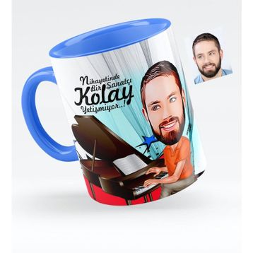 Kişiye Özel Bay Piyanist Karikatürlü Mavi 1 Kupa Bardak