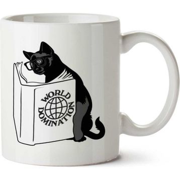 Kitap Okuyan Kedi World Domination Baskılı Kupa