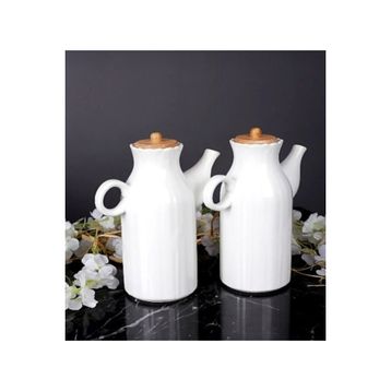 Kitchen Pembelia 2 Adet Bambu Kapaklı Porselen 1000 ml Yağdanlık