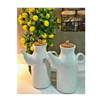 Kitchen Pembelia 2 Adet Bambu Kapaklı Porselen 1000 ml Yağdanlık