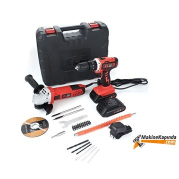 KL KETM1875 Eco 18 Volt 1.5 Ah Çift Akülü Darbeli Matkap + 750 Watt Avuç Taşlama + 23 Parça Aksesuar