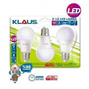 Klaus 3'lü 6500K Beyaz Işık 9W Led Lamba