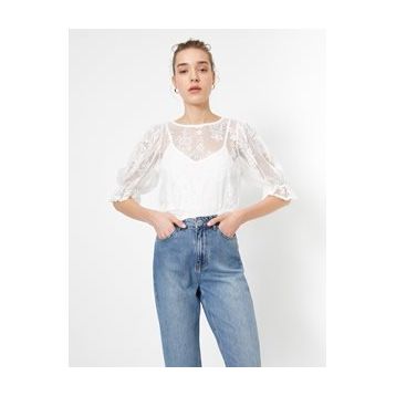 Koton 0YAK13071EK Pembe Bisiklet Yaka Kısa Kollu Dantel Detaylı Kadın T-shirt
