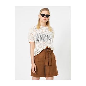 Koton 0YAK13071EK Pembe Bisiklet Yaka Kısa Kollu Dantel Detaylı Kadın T-shirt